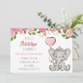 Princess Tiara Elephant Pink Floral 1e verjaardag Kaart (Staand voorkant)