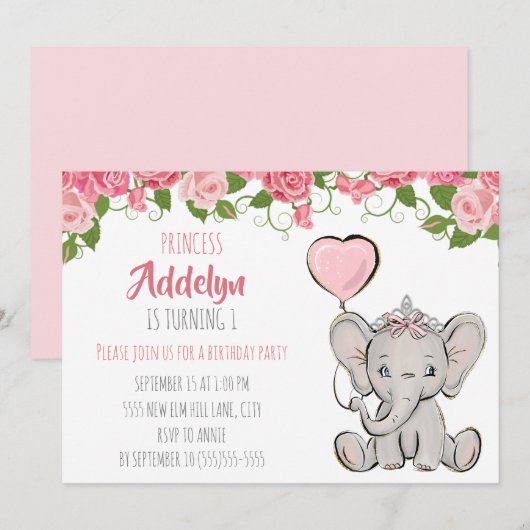 Princess Tiara Elephant Pink Floral 1e verjaardag Kaart (Voorkant / Achterkant)