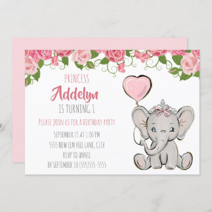 Princess Tiara Elephant Pink Floral 1e verjaardag Kaart