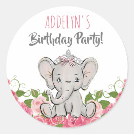 Princess Tiara Elephant Pink Flowers Birthday Ronde Sticker