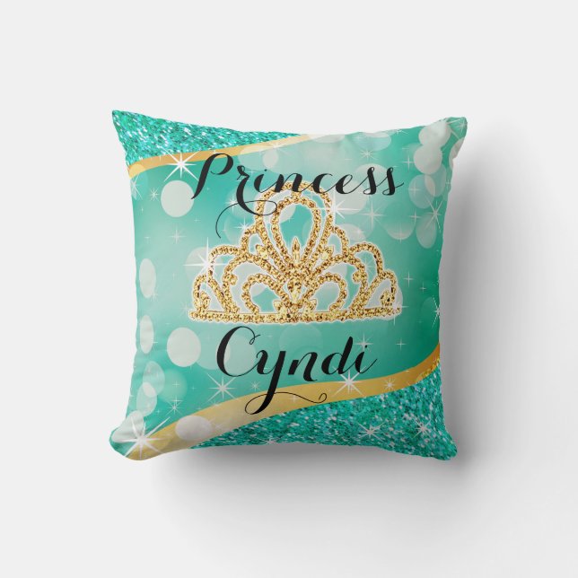 Princess Tiara Glitter Bling Bokeh | aqua Kussen (Voorkant)