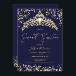 Princess tiara gold glitter navy foto Sweet 16 Kaart<br><div class="desc">Chic princess tiara kroonhars vormde gouden glitter sparkles en marinesblauwe foto Sweet 16 verjaardagsfeestje ,  met een chique scriptkalligrafie . Voeg je foto achteraan toe. Neem contact met mij op om het hoofdlettertype te wijzigen.</div>