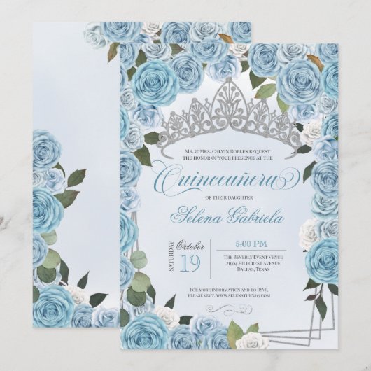 Princess Tiara Light Blue & White Rose Quinceanera Kaart (Voorkant / Achterkant)