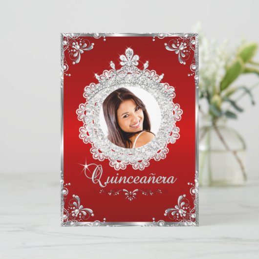 Princess Tiara Red Silver Sparkle Quinceanera Kaart (Staand voorkant)