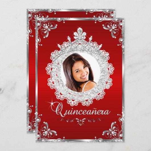 Princess Tiara Red Silver Sparkle Quinceanera Kaart (Voorkant / Achterkant)