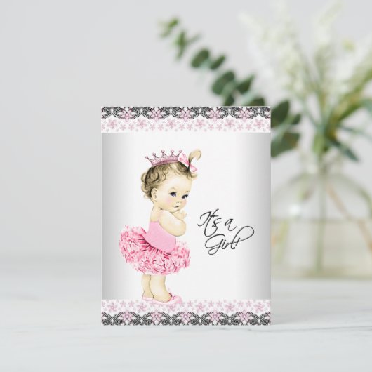 Princess Tutu roze en grijs Baby shower Kaart (Staand voorkant)