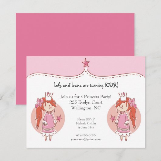 Princess Twins Birthday Party Kaart (Voorkant / Achterkant)