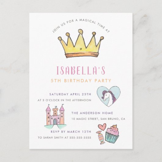 Princess Unicorn & Castle Fairytale Birthday Party Uitnodiging Briefkaart (Voorkant)