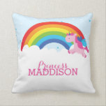 Princess Unicorn Kussen<br><div class="desc">Roep alle prinsessen! Deze leuke afdruk is uitgerust met een eenhoorn die op een kleurrijke regenboog springt! Gepersonaliseerd met de naam van je prinses om het van jou te maken!</div>