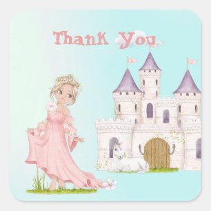 Princess Unicorn Pink Blue Castle Hartelijk dank Vierkante Sticker