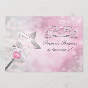 Princess Wand & Crown Silver Pink Party Invitation Kaart