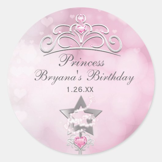 Princess Wand & Crown Silver Pink Party Stickers (Voorkant)
