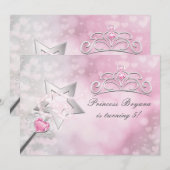 Princess Wand & Crown Zilveren Roze Party Uitnodig Kaart (Voorkant / Achterkant)