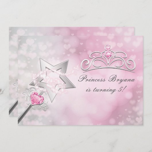 Princess Wand & Crown Zilveren Roze Party Uitnodig Kaart (Voorkant / Achterkant)