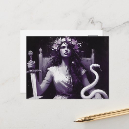 Princess Warrior & Her Pet Snake Paarse Zwart Briefkaart (Voorkant / Achterkant in situ)