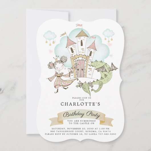 Princess Waterverf Castle Dragon Girl's Birthday Kaart (Voorkant)