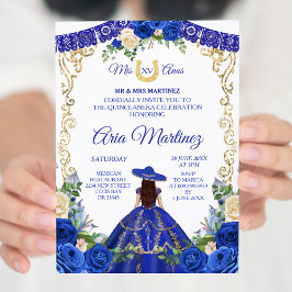 Princess White Navy Rozen Mis Quince Invitation Kaart