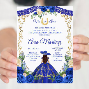 Princess White Navy Rozen Mis Quince Invitation Kaart