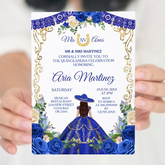 Princess White Navy Rozen Mis Quince Invitation Kaart
