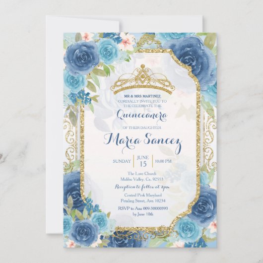 Princess White Roses Mexican Mis Quince Invitation Kaart (Voorkant)