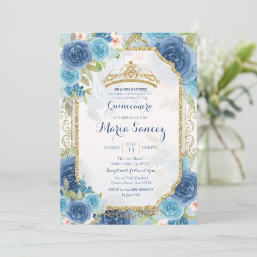 Princess White Roses Mexican Mis Quince Invitation Kaart (Staand voorkant)