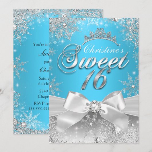 Princess Winter Wonderland Blue Sweet 16 Invite Kaart (Voorkant / Achterkant)