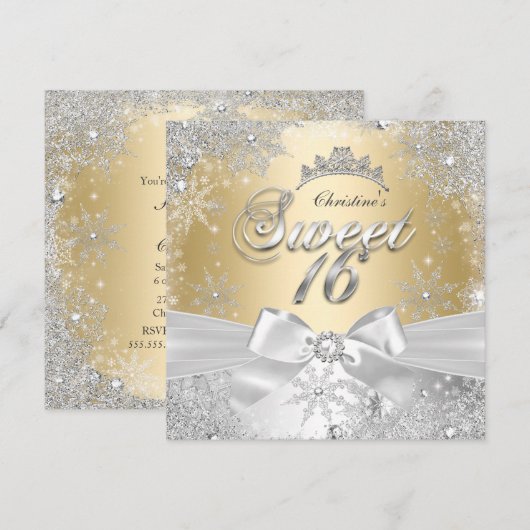 Princess Winter Wonderland Gold Sweet 16 Party Kaart (Voorkant / Achterkant)