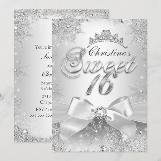 Princess Winter Wonderland Silver Sweet 16 Invite Kaart (Voorkant / Achterkant)
