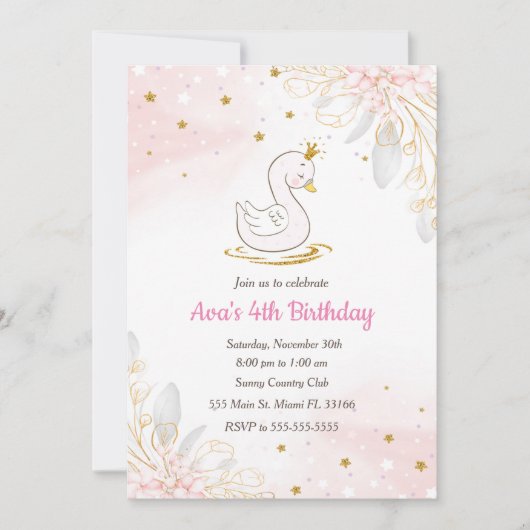 Princess zwan verjaardaguitnodiging roze goud kaart (Voorkant)