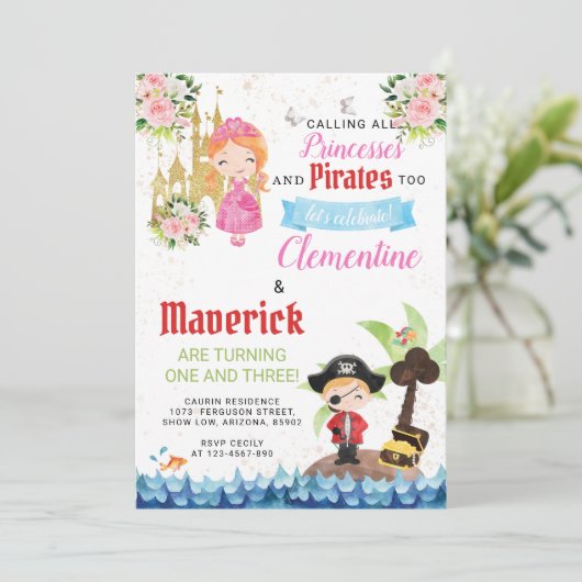 Princesses en Pirates Joint Sibling Birthday Kaart (Staand voorkant)