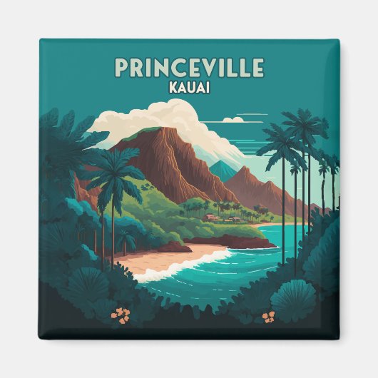Princeville Kauai Hawaii Beach Mountains Retro Magneet (Voorkant)