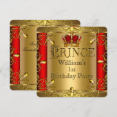 Prins 1st Birthday Boy Red Gold Crown 2 Kaart (Voorkant / Achterkant)