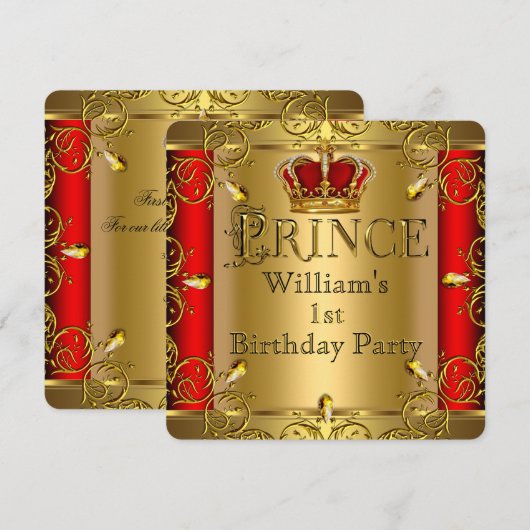 Prins 1st Birthday Boy Red Gold Crown 2 Kaart (Voorkant / Achterkant)