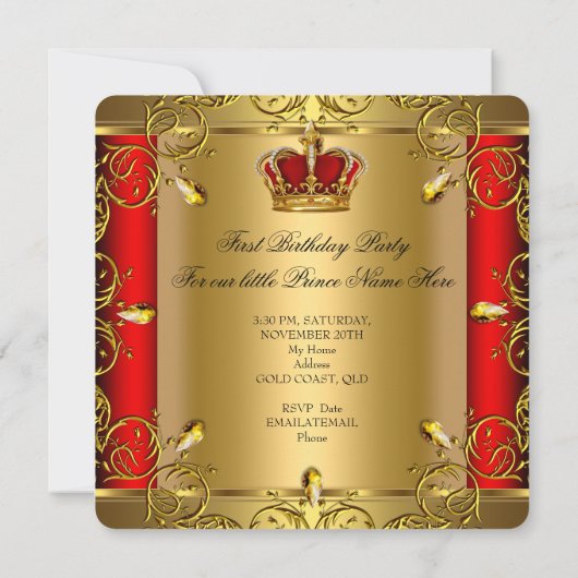 Prins 1st Birthday Boy Red Gold Crown 2 Kaart (Achterkant)