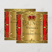 Prins 1st Birthday Boy Red Gold Crown 2 Kaart (Voorkant / Achterkant)