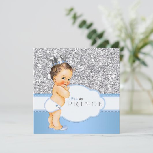  prins Baby shower blauw en zilver Kaart (Staand voorkant)