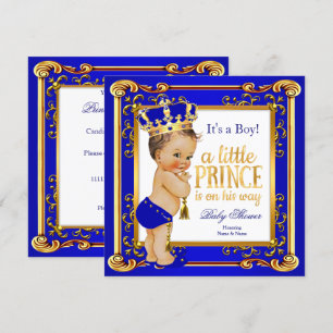 Prins Baby Shower Blauw Gouden Kroon Bruine Jongen Kaart