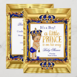 Prins Baby Shower Blauw Sierlijk Gouden Kroon Kaart