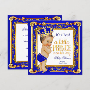 Prins Baby Shower Damast Blauw Goud Bruinharig Kaart