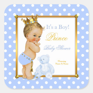 Prins Baby Shower Jongen Blauw Stippen Blond Vierkante Sticker