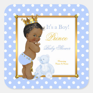 Prins Baby Shower Jongen Blauw Stippen Etnisch Vierkante Sticker