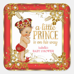 Prins Baby Shower Jongen Rood Goud Wit Bruin Vierkante Sticker