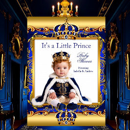 Prins Baby Shower Koningsblauw Sierlijk Goud licht Kaart