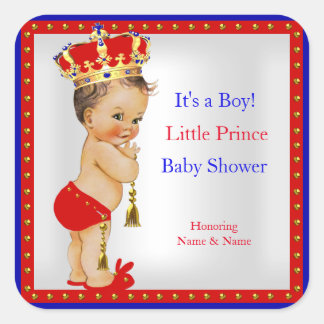 Prins Baby Shower Rood Wit Blauw Jongen Bruin Haar Vierkante Sticker