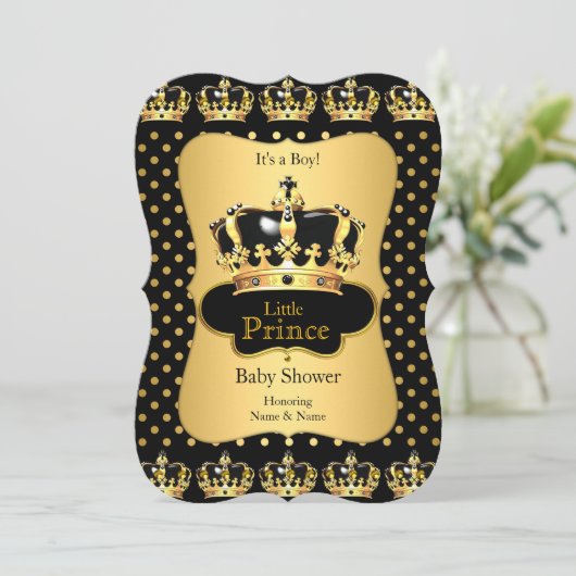 Prins Baby Shower Zwart Goud Stippen Kaart (Staand voorkant)