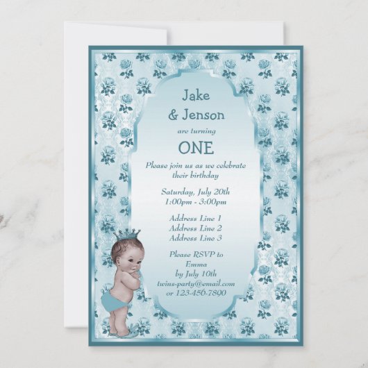 Prins Boy Twins Blue Rozen 1e verjaardag Kaart (Achterkant)