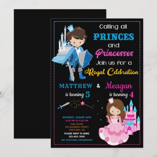 Prins en prinses verjaardagsuitnodiging kaart (Voorkant / Achterkant)