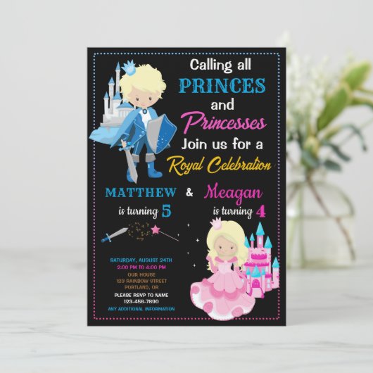 Prins en prinses verjaardagsuitnodiging kaart (Staand voorkant)