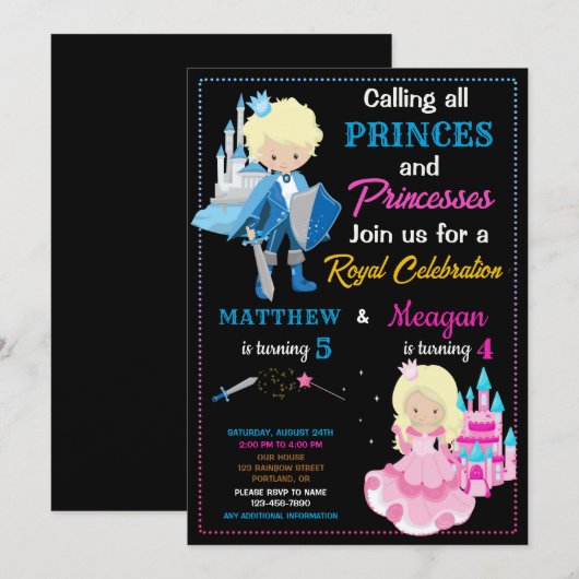 Prins en prinses verjaardagsuitnodiging kaart (Voorkant / Achterkant)