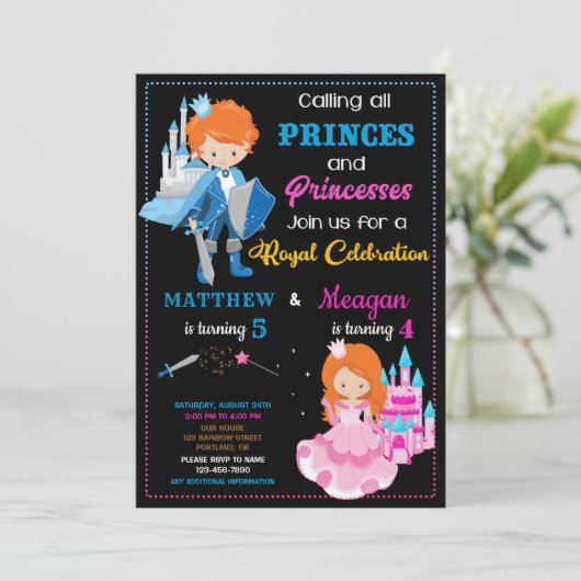 Prins en prinses verjaardagsuitnodiging kaart (Staand voorkant)